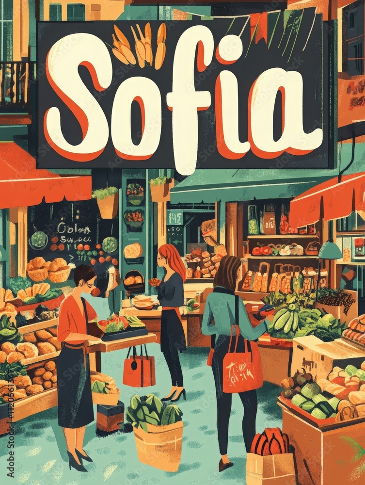 The market in Sofia features bright stalls filled with fresh produce. Shoppers enthusiastically choose fruits and vegetables while enjoying the lively atmosphere and colors.
