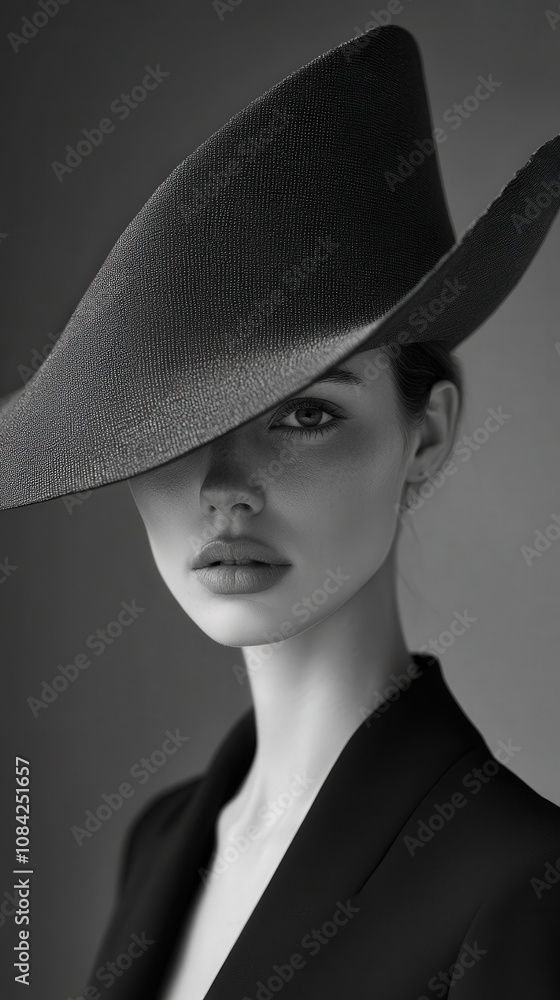 The model gazes intensely at the viewer, her features highlighted in dramatic black and white. A large, stylish hat casts shadows over her face, adding to the allure of her sophisticated appearance.