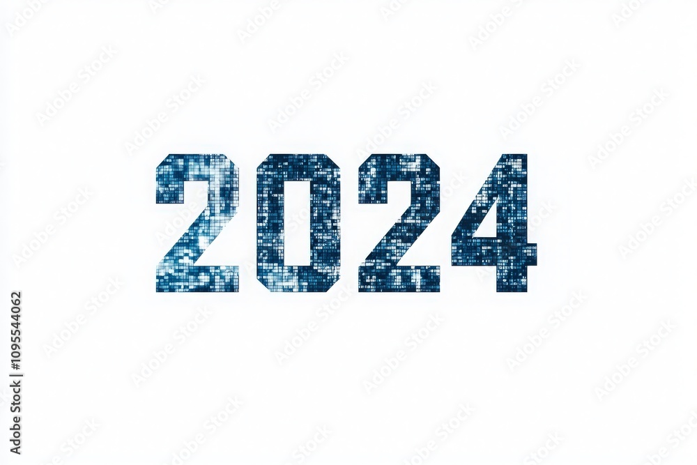 The number 2024 appears in a dazzling pixelated style, showcasing bright, shimmering lights against a plain background. This design symbolizes the upcoming year and its possibilities.