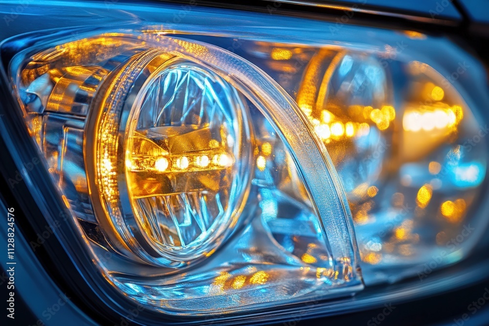 The photo showcases a modern car headlight illuminated at twilight, highlighting the sleek design and advanced LED technology. The warm glow contrasts with the cooler background lighting.