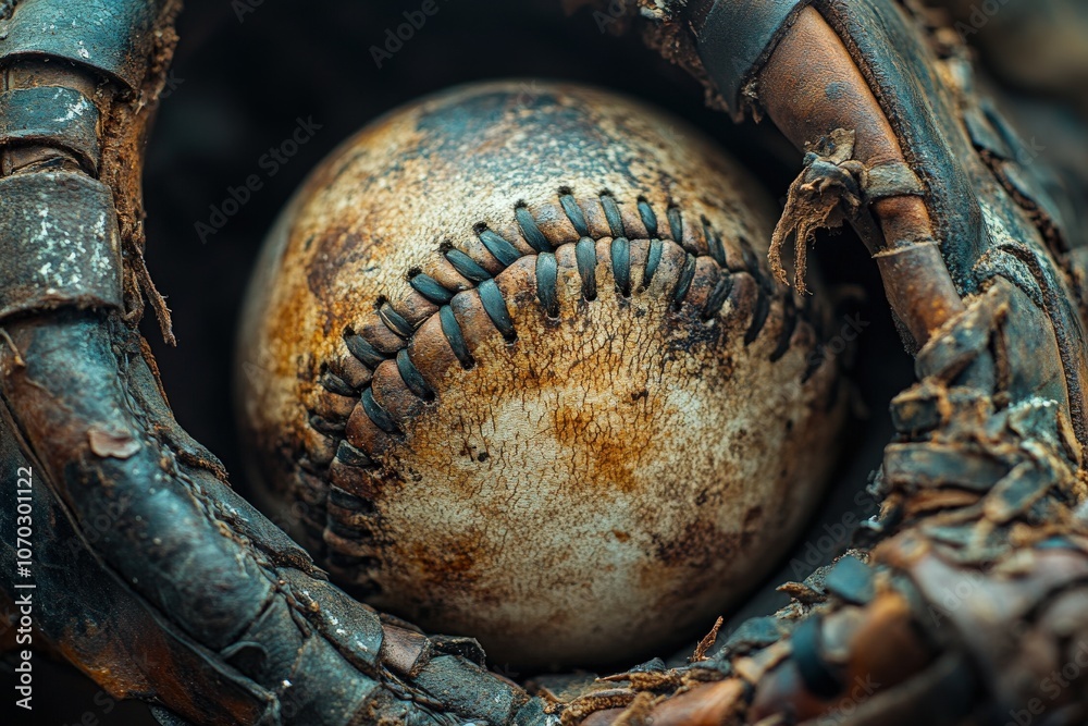 The photograph captures an old baseball glove partially wrapped around a classic baseball, showcasing weathered textures and earthy tones that evoke memories of the game.