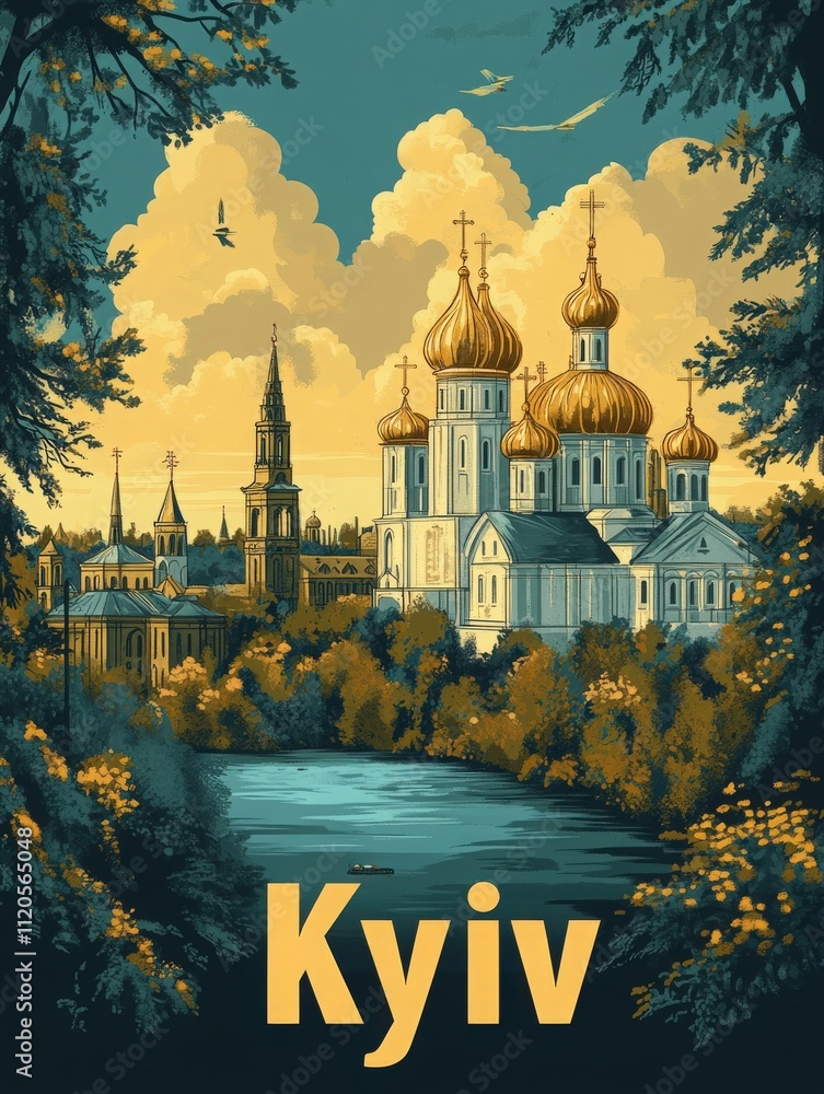 The picturesque skyline of Kyiv is illuminated during golden hour, featuring ornate domes and historic architecture alongside a tranquil river. Lush greenery enhances the serene atmosphere.
