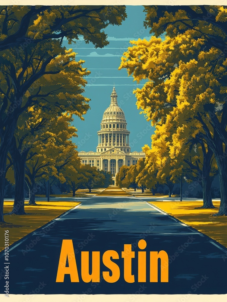 The poster captures the Texas State Capitol in Austin, framed by vivid trees. It evokes a sense of exploration and appreciation for the citys vibrant landscape during a sunny day.