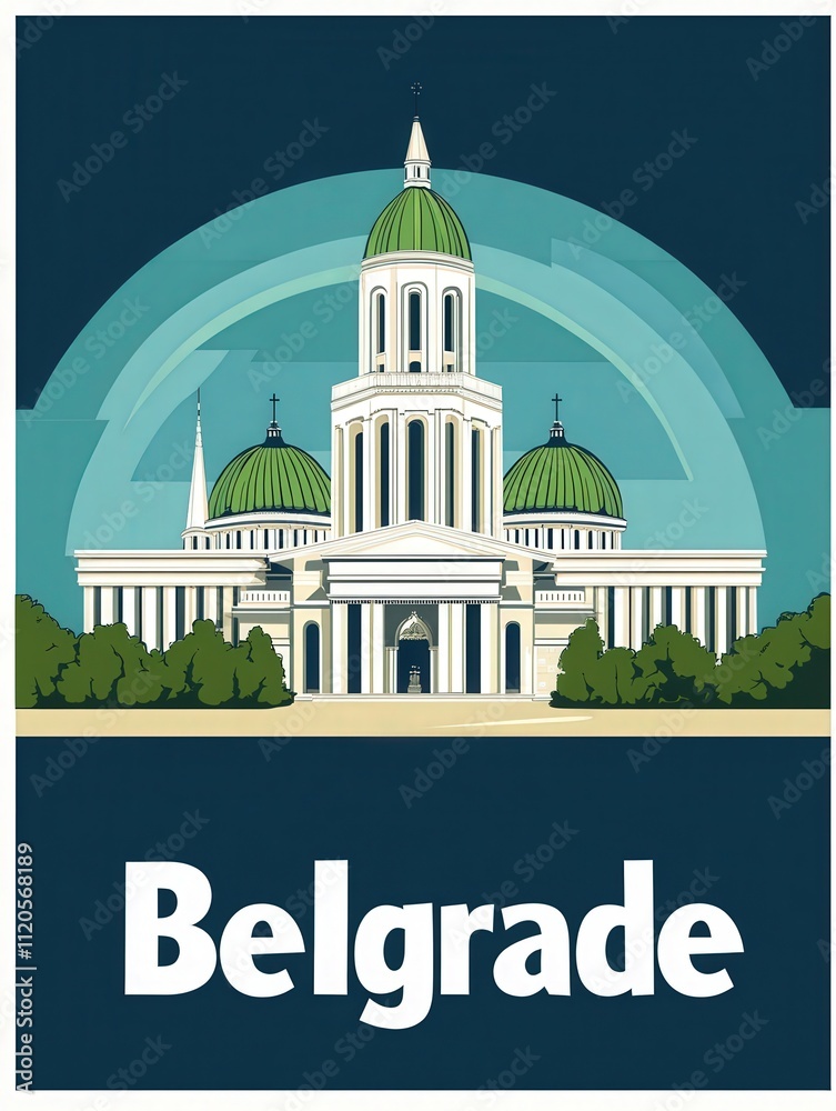 The prominent structure in Belgrade features large green domes and classical architecture surrounded by green trees. This iconic building reflects the citys rich cultural heritage.