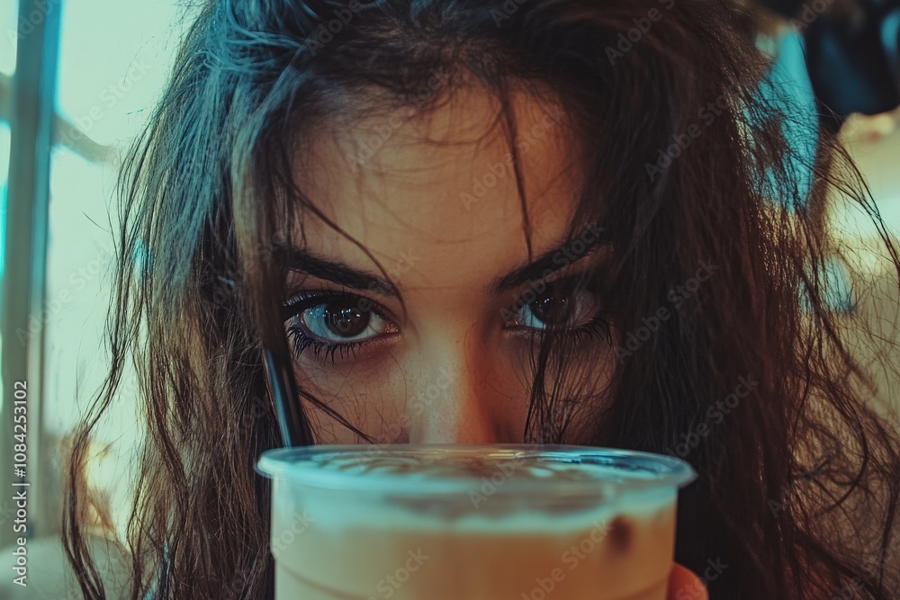 The selfie captures a young Hispanic woman with brown hair playfully covering her face with a drink.