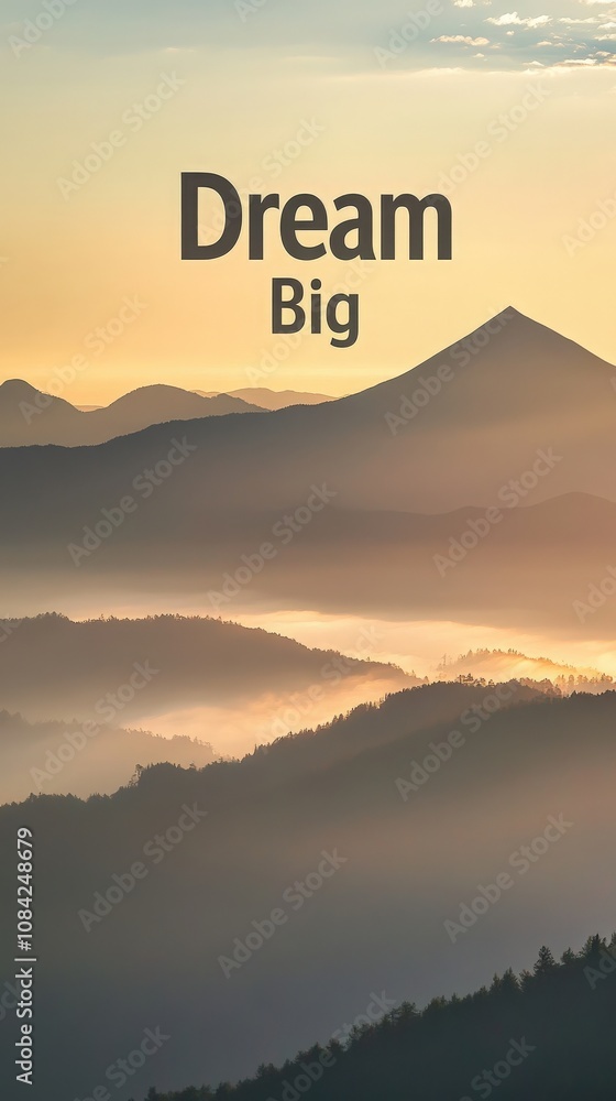 The serene landscape captures majestic mountains in soft dawn light, with the quote Dream Big prominently displayed in bold typography, inspiring viewers to pursue their aspirations.