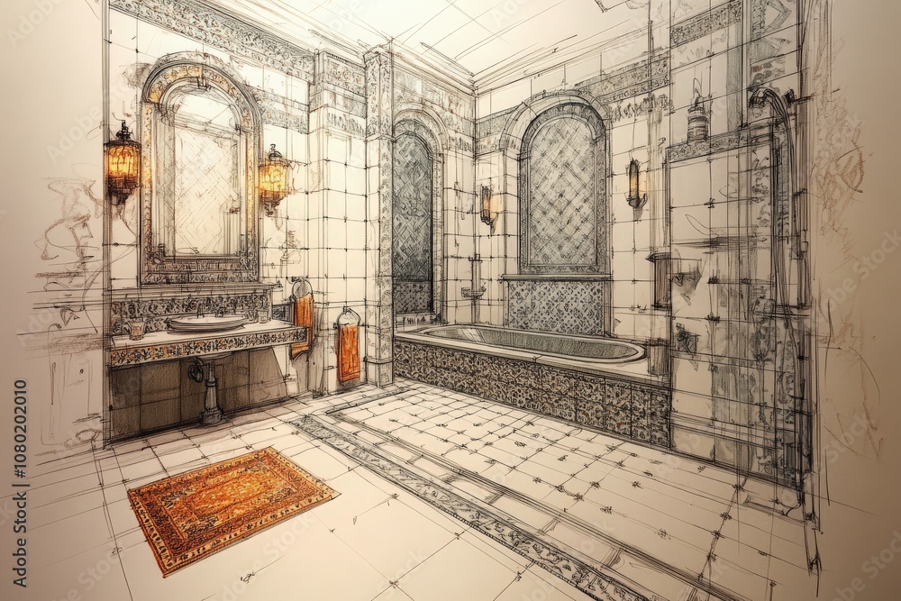 The sketch depicts a sophisticated bathroom layout with ornate details, showcasing a bathtub, sink, and stylish tile work. The design emphasizes functionality and aesthetic appeal.
