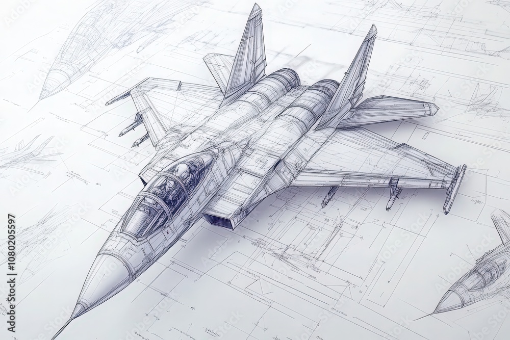 The sketch illustrates a jet fighter with intricate design details and engineering specifications, highlighting its aerodynamic features and structural components in clear lines and annotations.