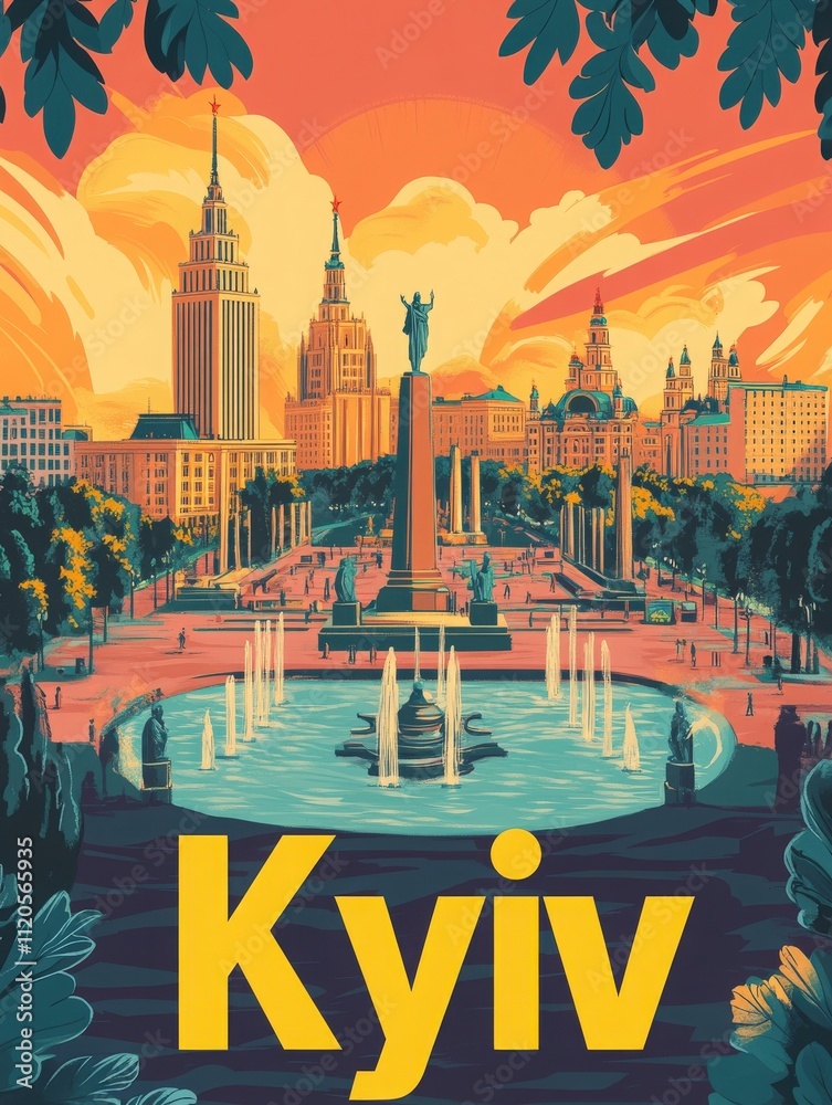 The skyline of Kyiv is illuminated by a vibrant sunset, highlighting notable buildings and a central fountain. People enjoy the lively atmosphere in this beautiful urban setting.