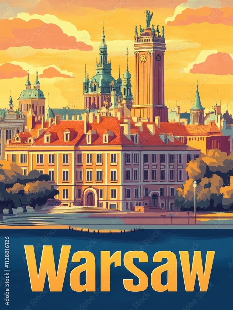 The skyline of Warsaw is illuminated by a warm sunset, highlighting various historical buildings with intricate designs. The scene captures the essence of the citys rich culture and history.