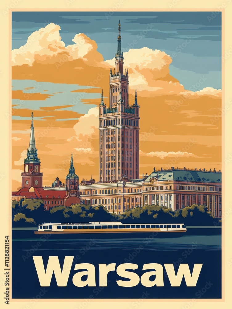 The skyline of Warsaw showcases the iconic Palace of Culture and Science against a colorful sunset sky. The Vistula River reflects the golden hues, enhancing the citys charm.