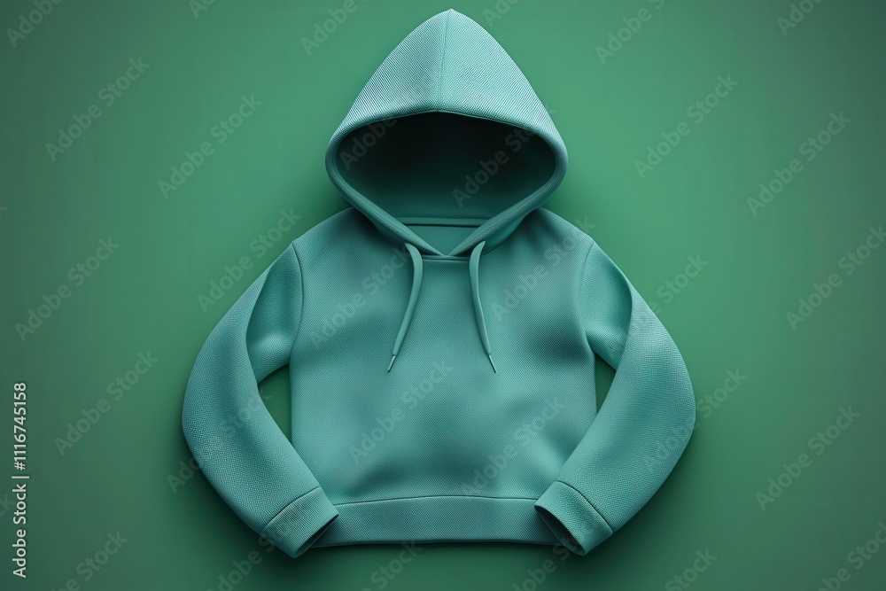 The soft turquoise hoodie is prominently laid flat against a deep green background, highlighting its comfortable design and texture. Perfect for casual wear and style inspiration.