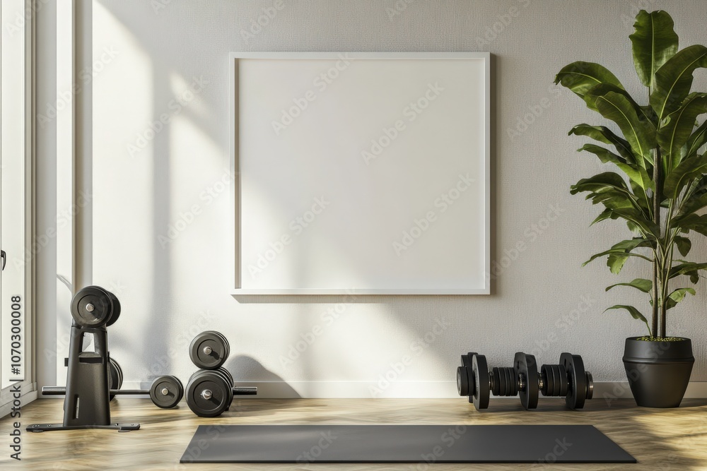 The square white frame is positioned against a light-colored wall in a spacious fitness studio. Sunlight streams in, illuminating the area that features workout equipment and a large plant.