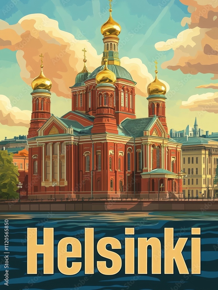 The striking church in Helsinki features ornate golden domes and red brick walls, reflecting the sunsets warm hues. Visitors gather nearby, enjoying the peaceful atmosphere by the water.