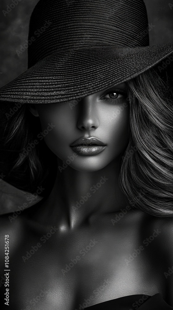 The striking model gazes directly at the viewer, her features illuminated in dramatic black and white. The wide-brimmed hat casts shadows, enhancing her captivating expression and beauty.