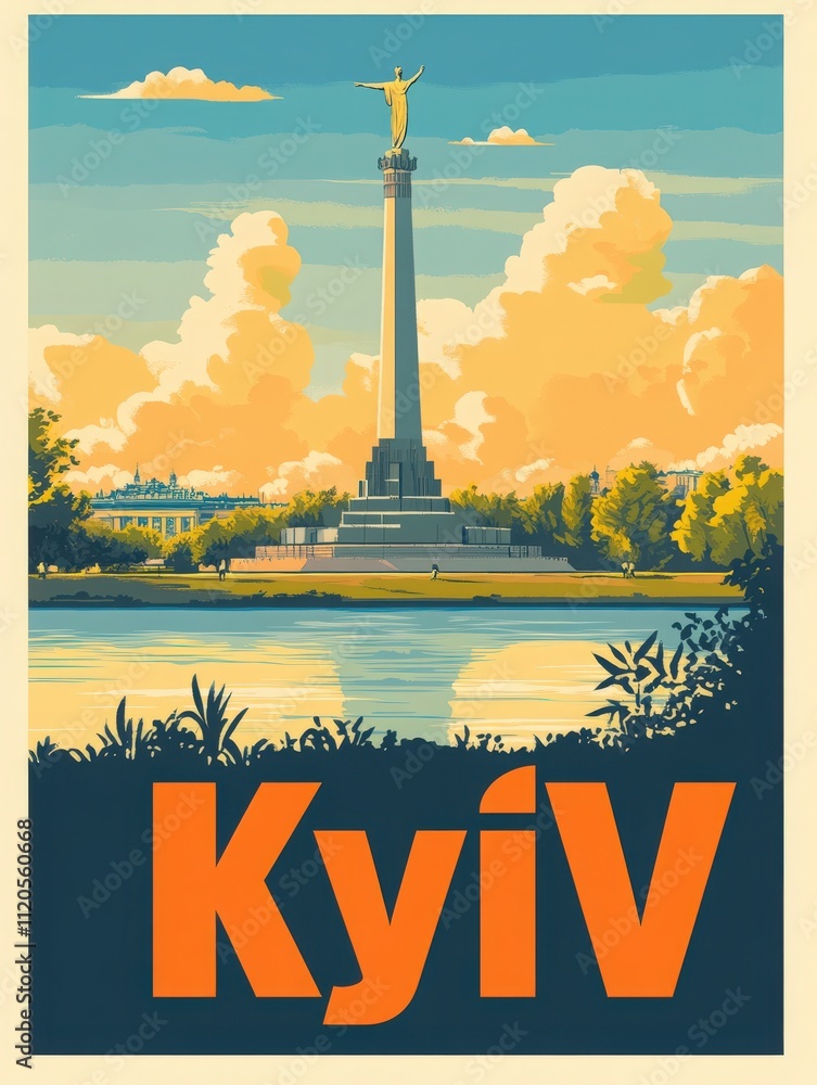 The stunning Motherland Monument stands tall in Kyiv against a vibrant sunset sky. Lush greenery frames the serene river, creating a picturesque urban landscape filled with history.