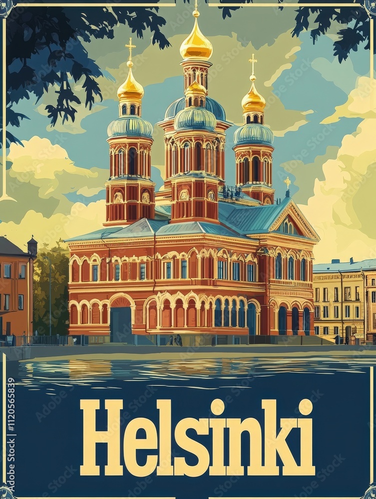 The stunning Russian Orthodox cathedral in Helsinki showcases intricate architecture and vibrant colors. Surrounded by trees, the building reflects beautifully in the water during a sunny day.