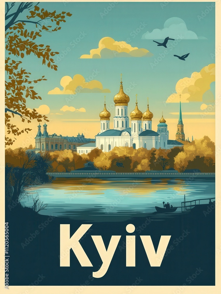 The stunning skyline of Kyiv features golden domed churches reflecting in a calm river under a pastel sunset sky. Birds fly overhead, adding to the tranquil atmosphere of the city.