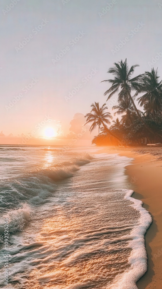 The sun sets on a serene beach, casting golden hues across the sandy shoreline. Gentle waves lap at the coast, while palm trees dot the landscape, enhancing the tropical atmosphere.