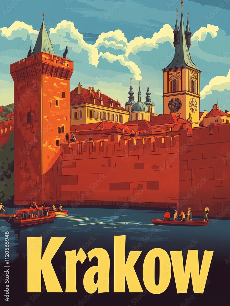 The sun sets over Krakow, illuminating the majestic castle with warm hues. Tourists enjoy leisurely activities by the river while admiring the iconic architecture and vibrant atmosphere.
