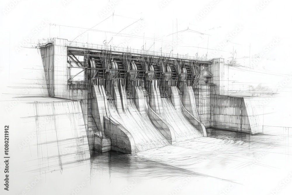 The technical sketch illustrates a hydroelectric dam, detailing structure elements, water flow paths, and operational components necessary for energy generation.