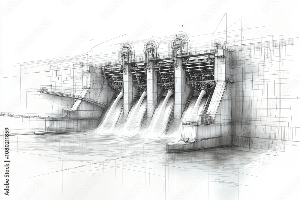 The technical sketch illustrates a hydroelectric dam with water flowing from its gates. It highlights the design aspects of the structure and mechanisms for harnessing energy from water.