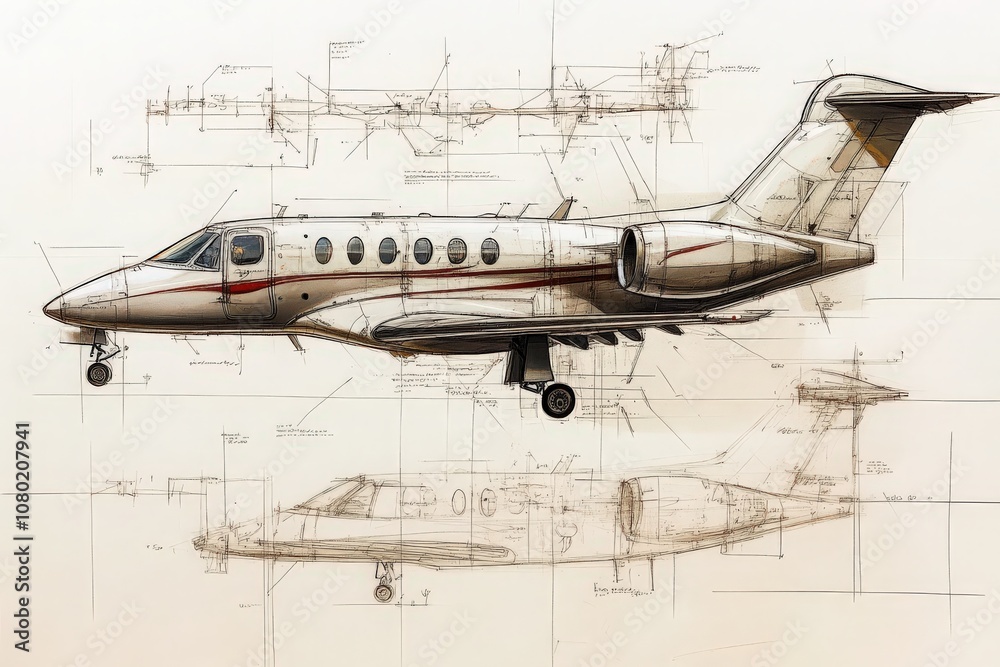 The technical sketch illustrates a meticulously designed private jet, highlighting various views and structural elements.