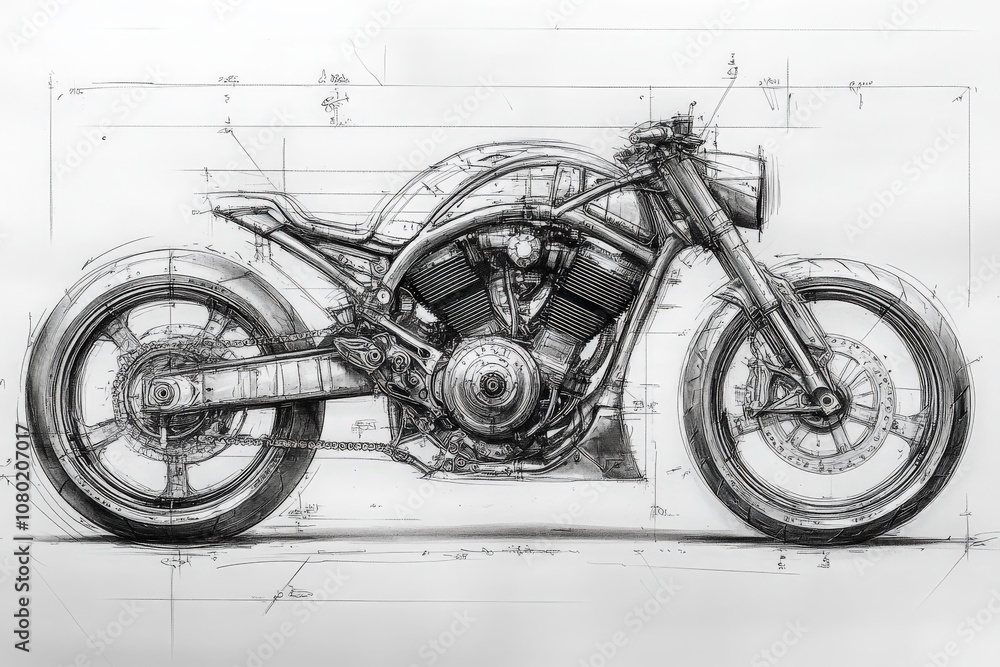 The technical sketch illustrates a motorcycle design emphasizing its frame, wheels, and engine components. Detailed annotations highlight specific features for engineering purposes.