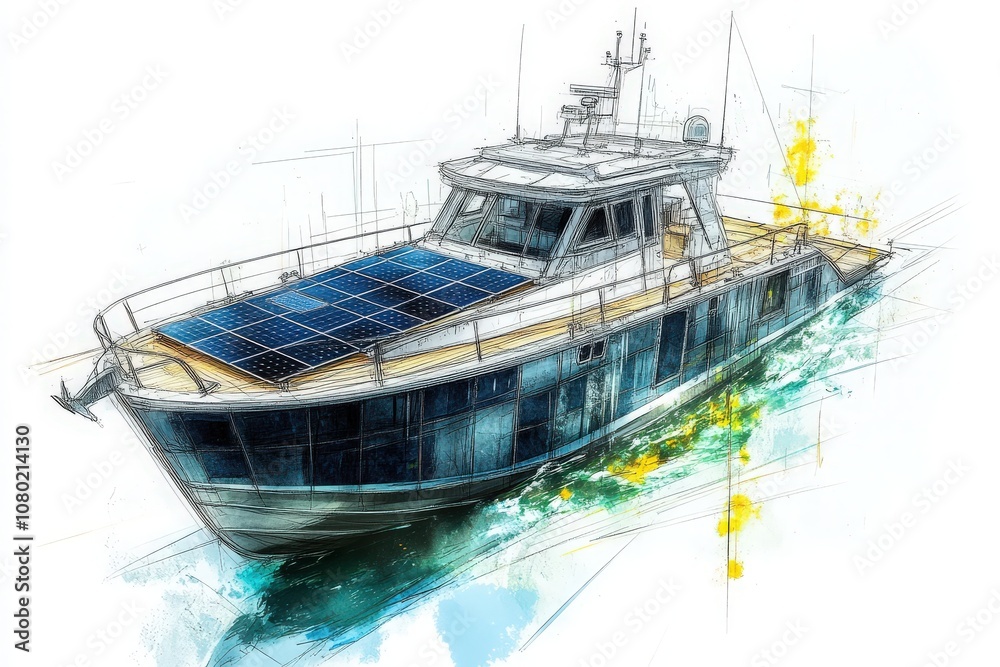 The technical sketch illustrates a solar-powered boat featuring solar panels on the roof and sleek lines. It highlights modern design elements suitable for eco-friendly marine travel.