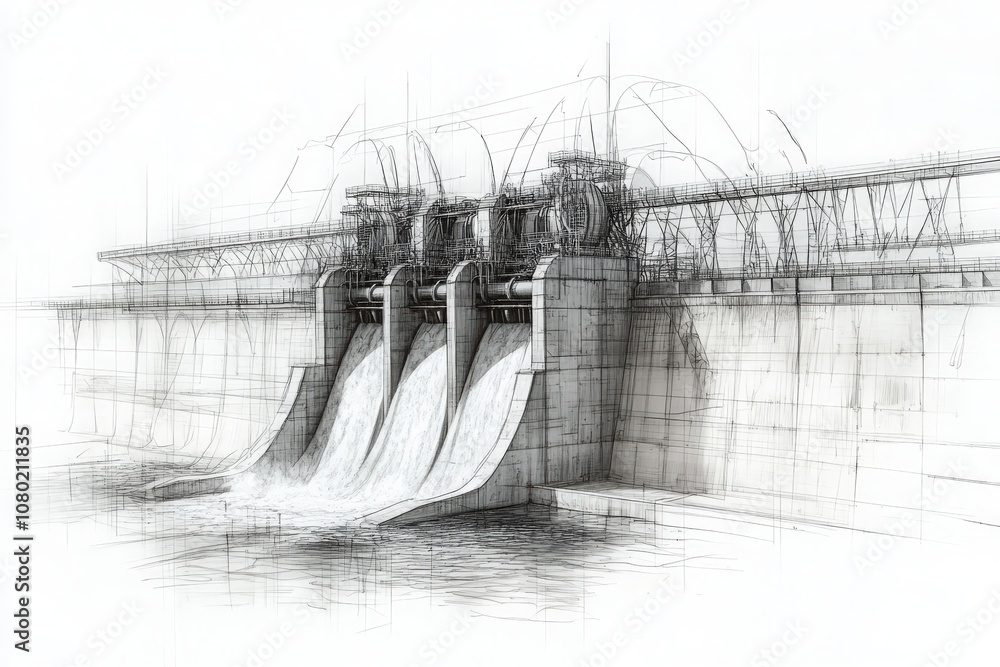 The technical sketch illustrates the design of a hydroelectric dam, highlighting its structural components and water flow systems. This drawing captures key engineering features in detail.