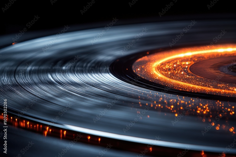 The top-down perspective highlights the intricate grooves of a vintage vinyl record, enhanced by warm light that creates a shimmering effect. The texture and depth are beautifully captured.