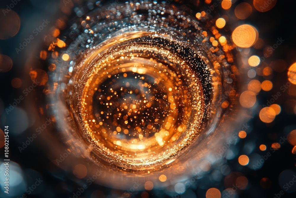 The top-down view reveals a champagne flute filled with effervescent bubbles reflecting warm, glowing lights. The scene exudes celebration and elegance, inviting joy and style.