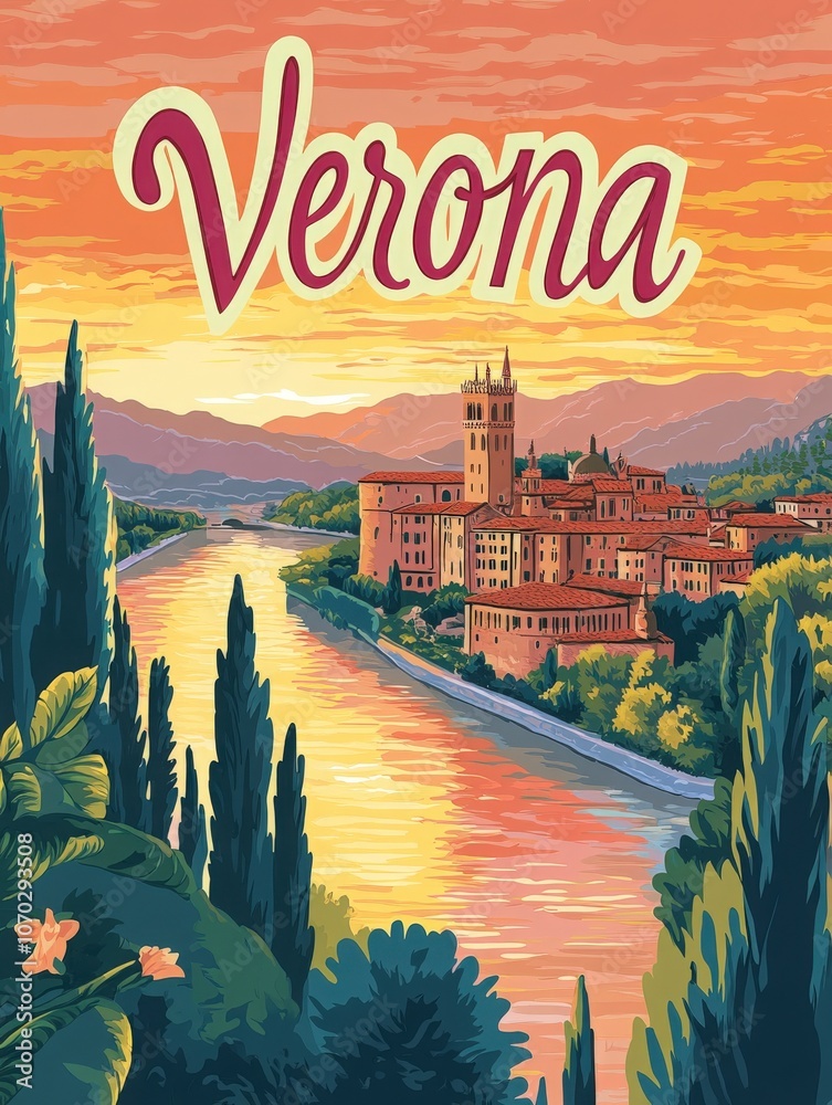 The travel poster captures the stunning skyline of Verona at sunset, highlighting the reflective waters and lush greenery. It invites travelers to immerse themselves in the citys charm and history.