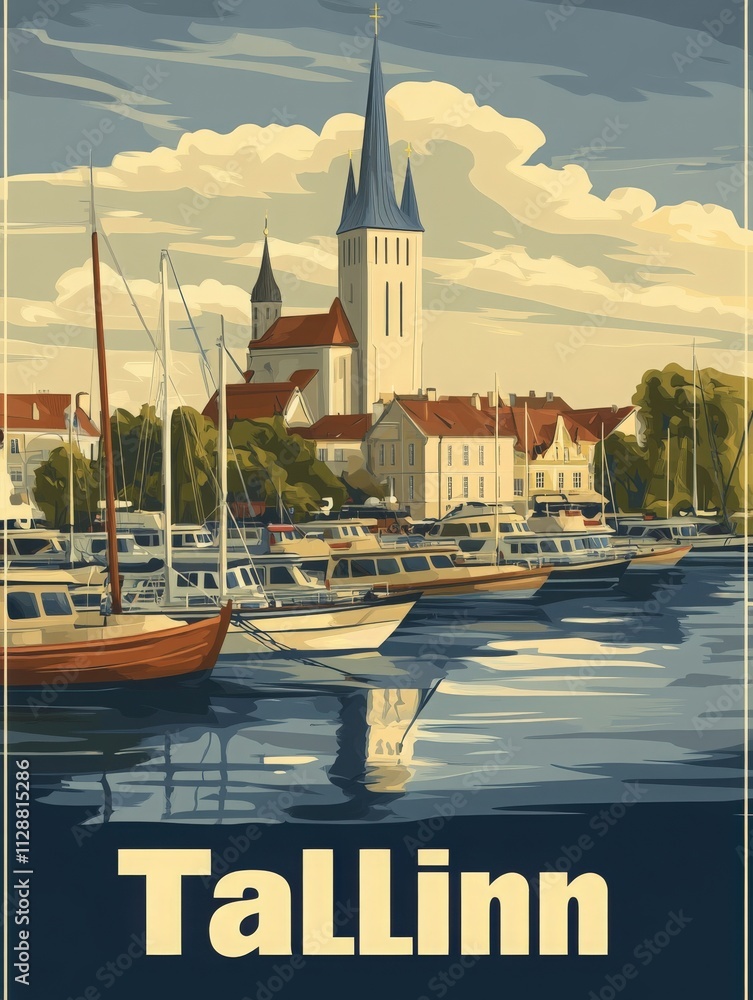 The vibrant Tallinn harbor features historic buildings and a striking church steeple. Boats are anchored in the calm waters, reflecting the charm of the city under a clear sky.