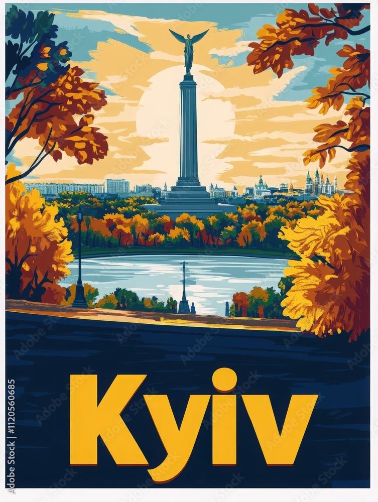 The vibrant colors of autumn frame Kyivs independence monument as the sun sets in the background. The river glistens, reflecting the warm tones of the evening sky.