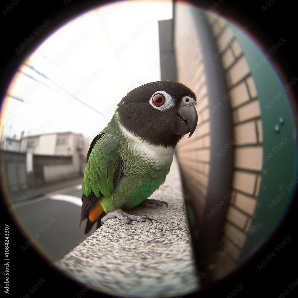 The vibrant parrot sits quietly on a wall, observing its surroundings in a lively yet tranquil urban area. Its bright plumage contrasts with the city backdrop, creating a charming visual.