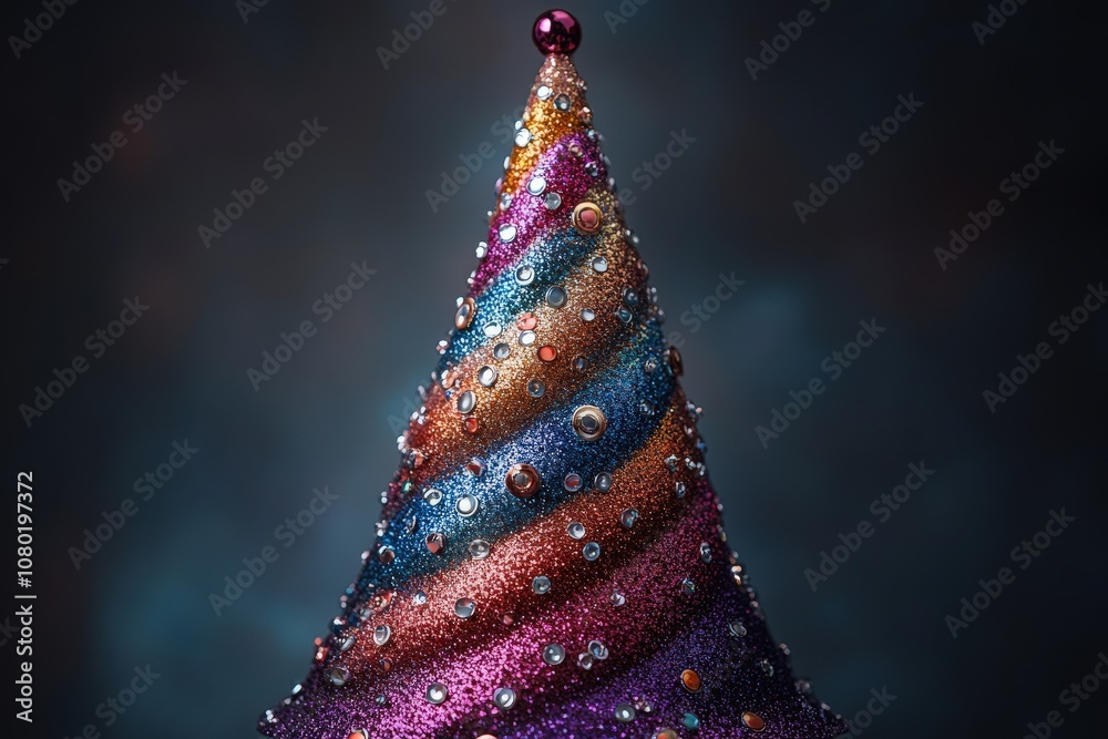 The vibrant party hat, featuring an array of sparkling colors and decorative embellishments, stands proudly against a dark backdrop, embodying the spirit of celebration and joy.