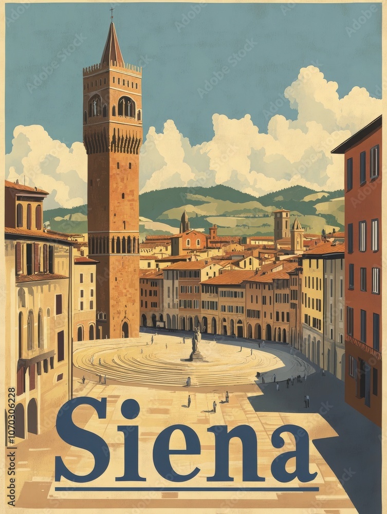 The vibrant piazza of Siena showcases historical architecture, featuring a majestic tower. Visitors enjoy the picturesque surroundings under a bright sky, capturing the essence of this charming town.