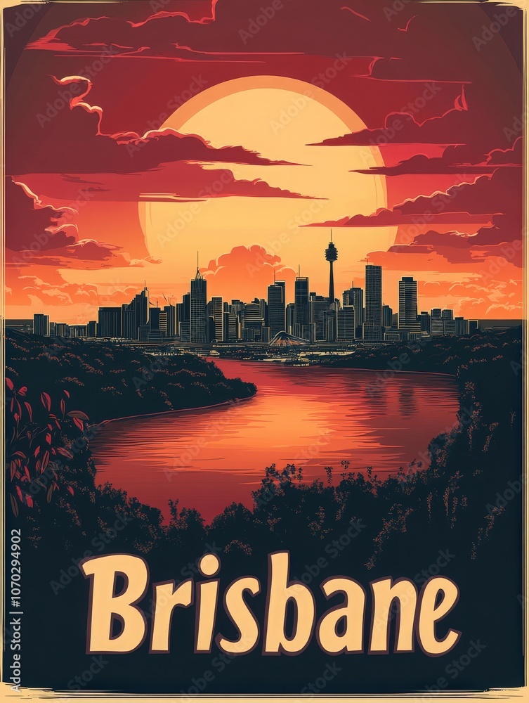 The vibrant skyline of Brisbane shines under a warm sunset, with the river reflecting the colors of the sky. This retro travel poster invites you to explore the citys beauty.
