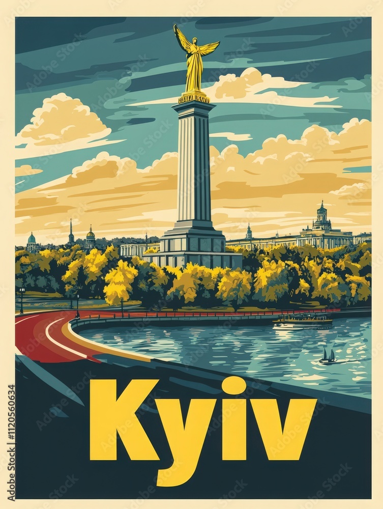 The vibrant skyline of Kyiv features a prominent monument surrounded by lush trees and a calm river. This picturesque view is set during sunset, highlighting the citys architectural beauty.