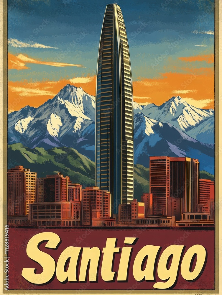 The vibrant skyline of Santiago features a modern skyscraper surrounded by urban buildings, with stunning snow-capped mountains in the background during clear daytime.