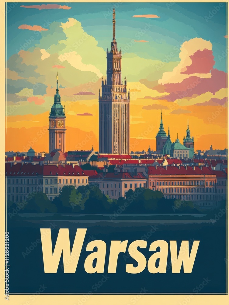 The vibrant skyline of Warsaw glows during sunset, featuring a blend of historical and contemporary architecture. Notable towers, spires, and serene clouds create a picturesque view.
