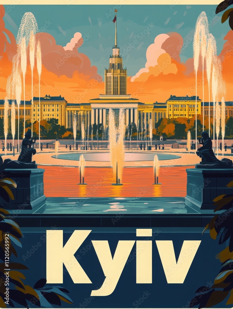 The vibrant sunset illuminates the skyline of Kyiv with a striking view of fountains in the foreground. Historic buildings stand majestically, showcasing the citys rich culture.