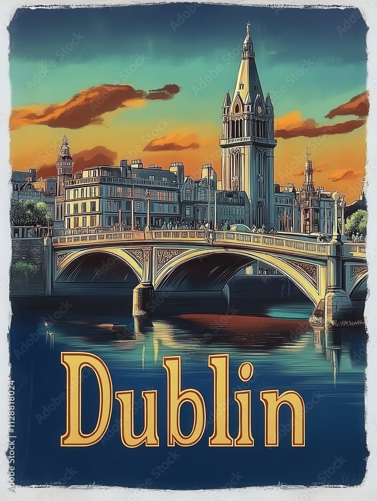 The view captures the stunning skyline of Dublin during sunset, with a historic bridge and buildings reflecting vibrant colors in the water.