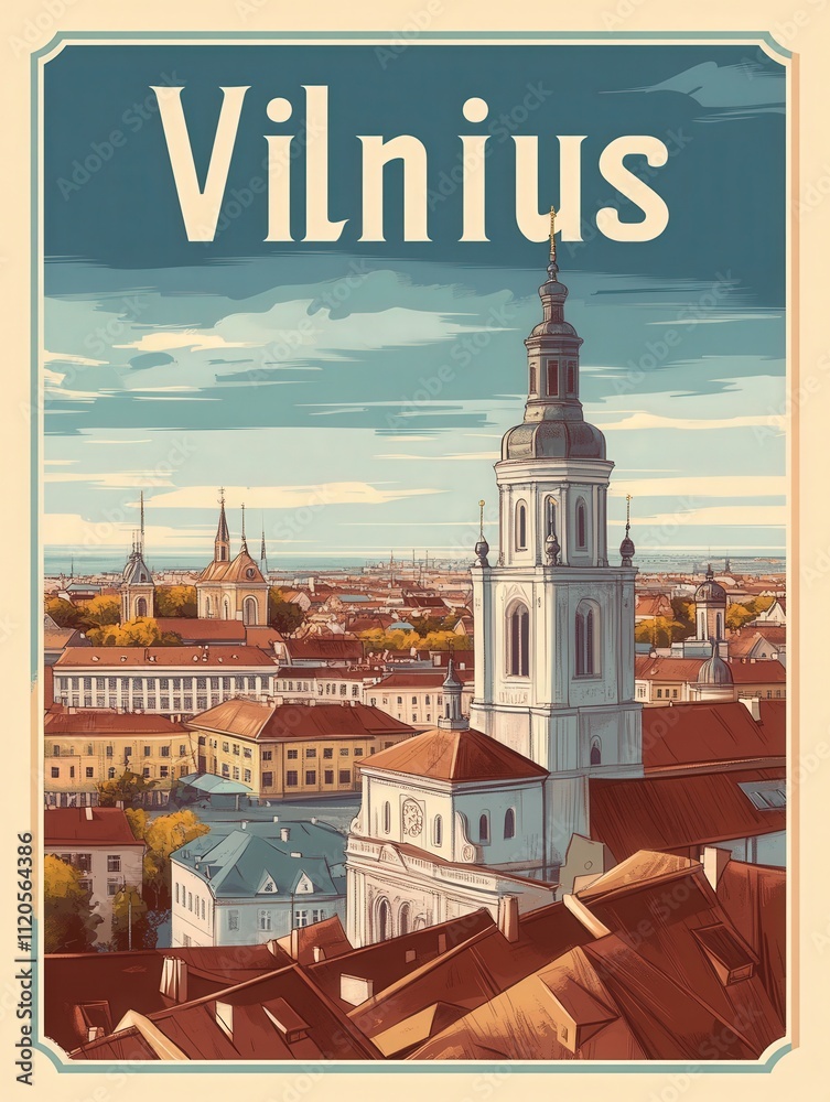 The view from above highlights the architectural beauty of Vilnius, featuring its iconic bell tower and colorful rooftops. The scene radiates a lively yet serene atmosphere under a clear sky.