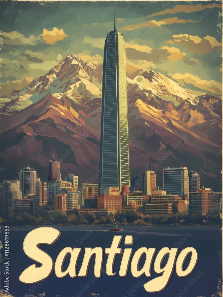 The view showcases the Santiago skyline with a prominent skyscraper standing tall. Majestic mountains surround the city, adding a dramatic backdrop. Vibrant urban life contrasts with natural beauty.