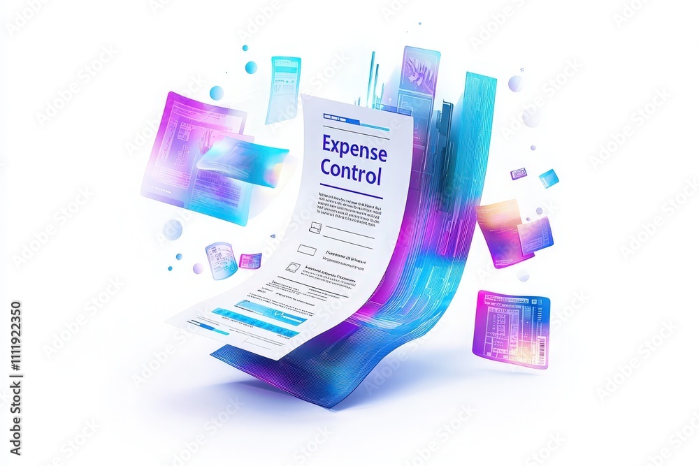 The visual elements showcase a dynamic array of expense control strategies, featuring financial documents and metrics in a futuristic style, highlighting effective financial management.