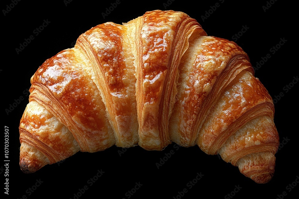 The warm, golden-brown croissant reveals its flaky layers, showcasing the skill of artisan baking. It sits beautifully against a contrasting black background, highlighting its delicious texture.
