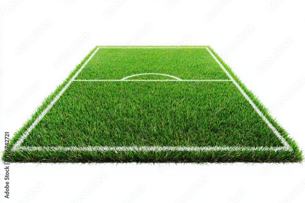 The well-maintained soccer field features lush green grass trimmed neatly with white lines marking the boundaries and center circle. Bright daylight enhances the vibrant colors.