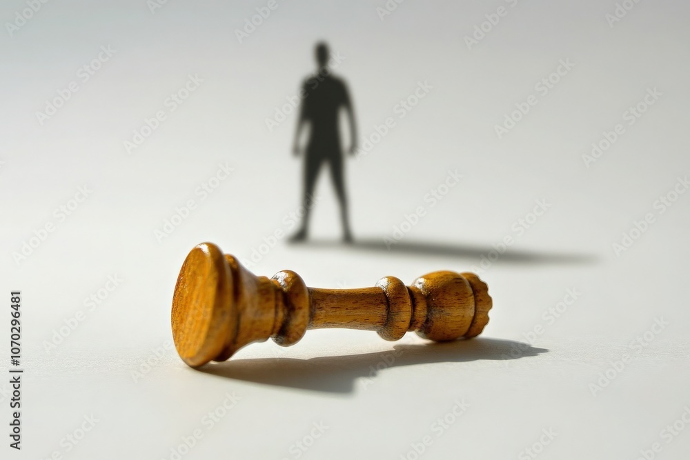 The wooden chess king piece is toppled sideways, creating a stark silhouette on the background. Its position suggests defeat, while a shadowy figure looms in the distance.